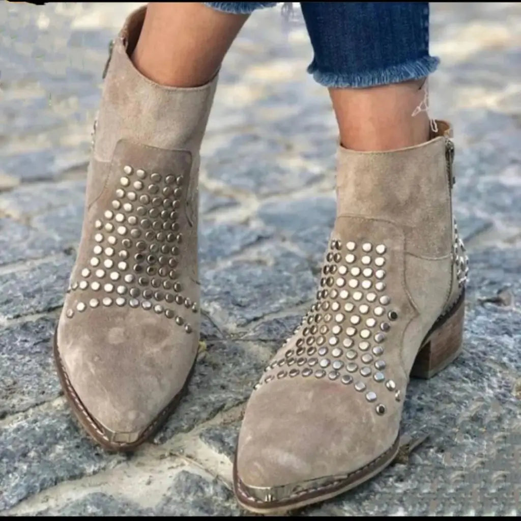 Women's beige pointed ankle boots with metallic studded panels and low block heels