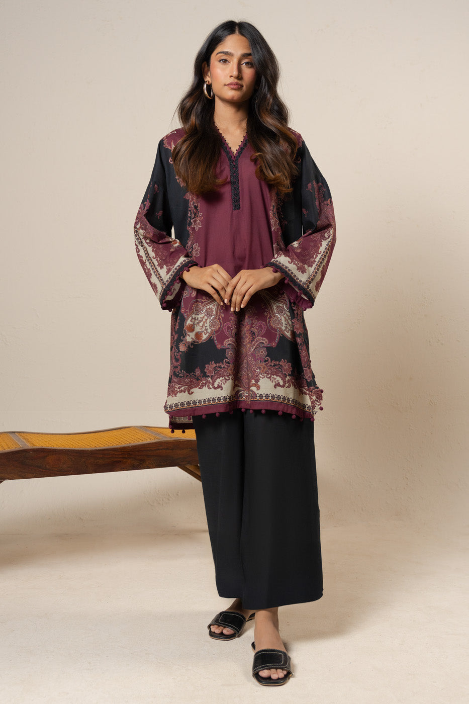 Women's maroon paisley shirt and wide-leg trousers set with long sleeves
