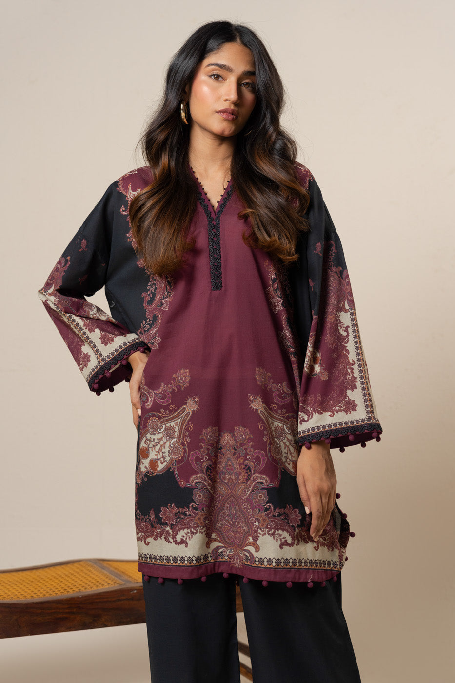 Women's maroon paisley shirt and wide-leg trousers set with long sleeves