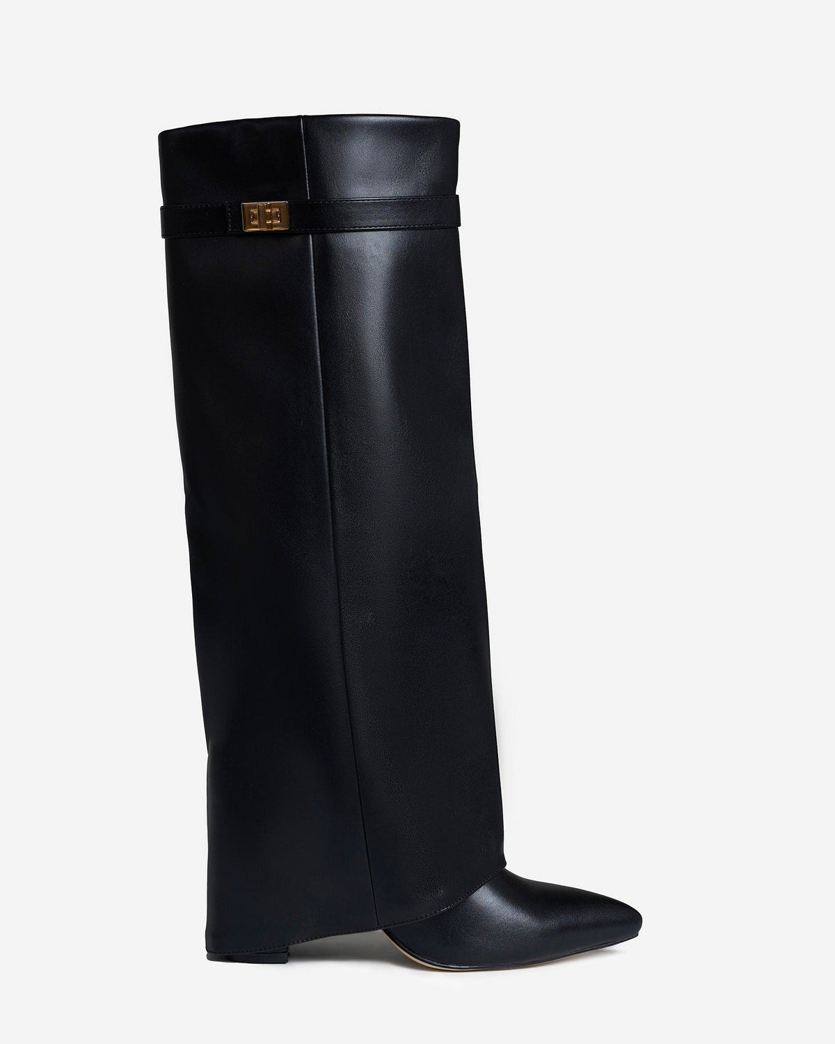 Black knee-high boots with pointed toes, low heels and buckle strap detail