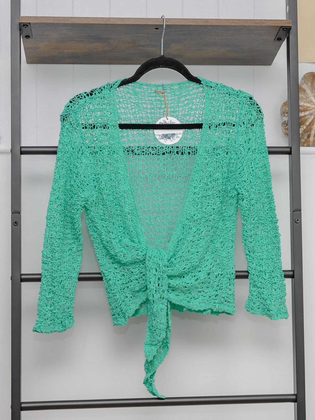 Women's open knit tie front cardigan with three quarter sleeves