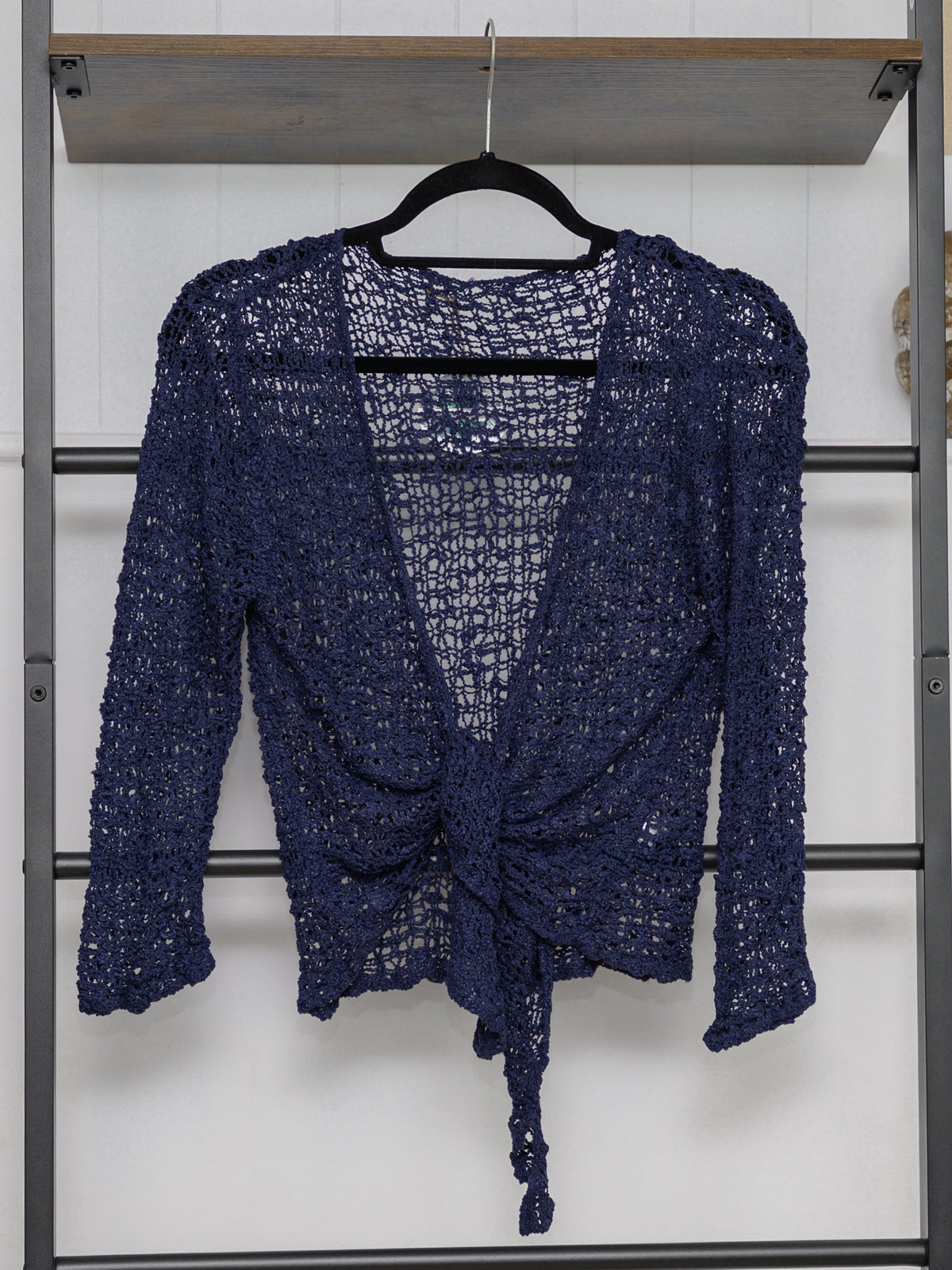 Women's open knit tie front cardigan with three quarter sleeves
