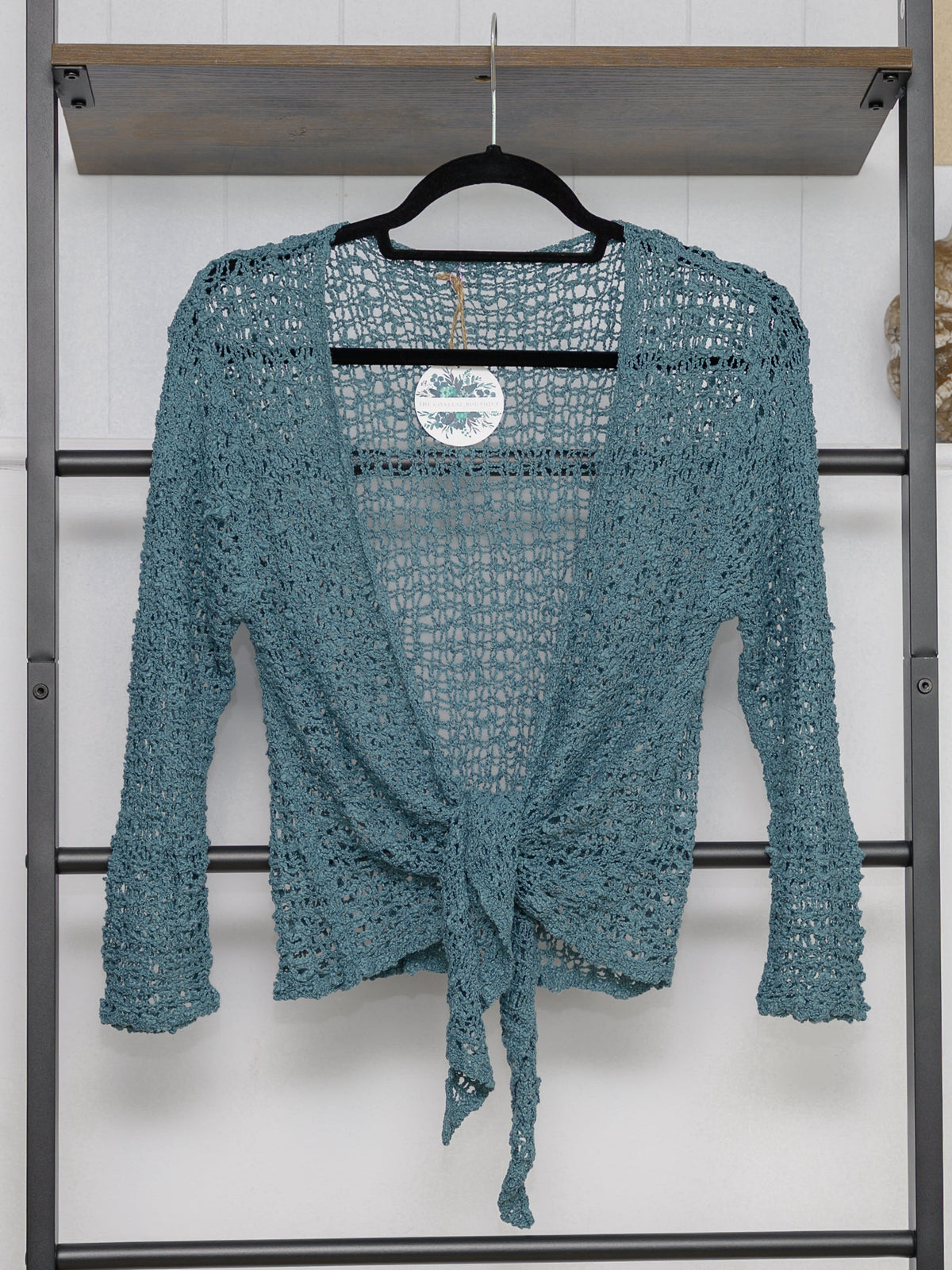 Women's open knit tie front cardigan with three quarter sleeves