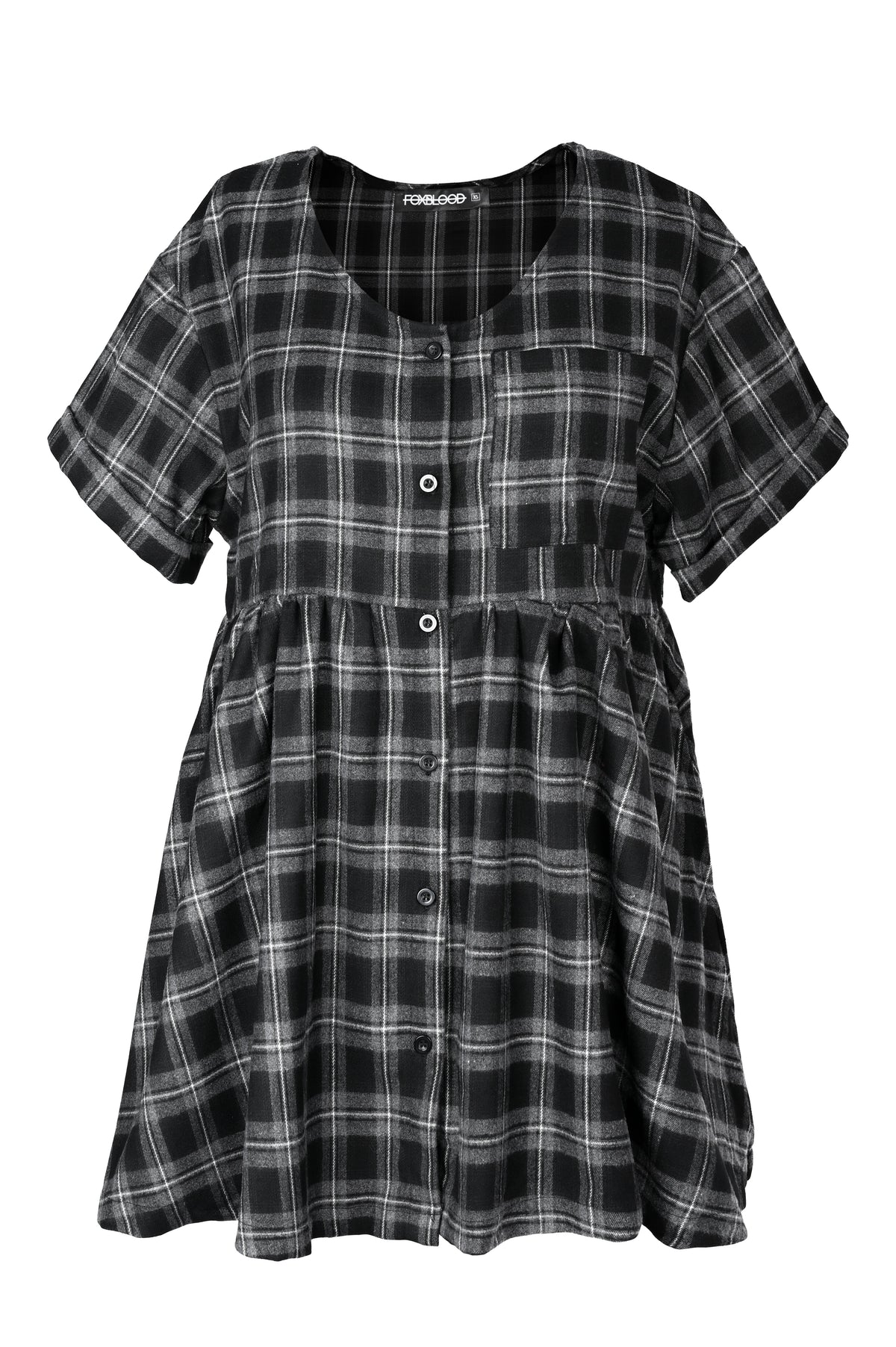 Women's black and grey checked babydoll mini dress with short sleeves and side pockets