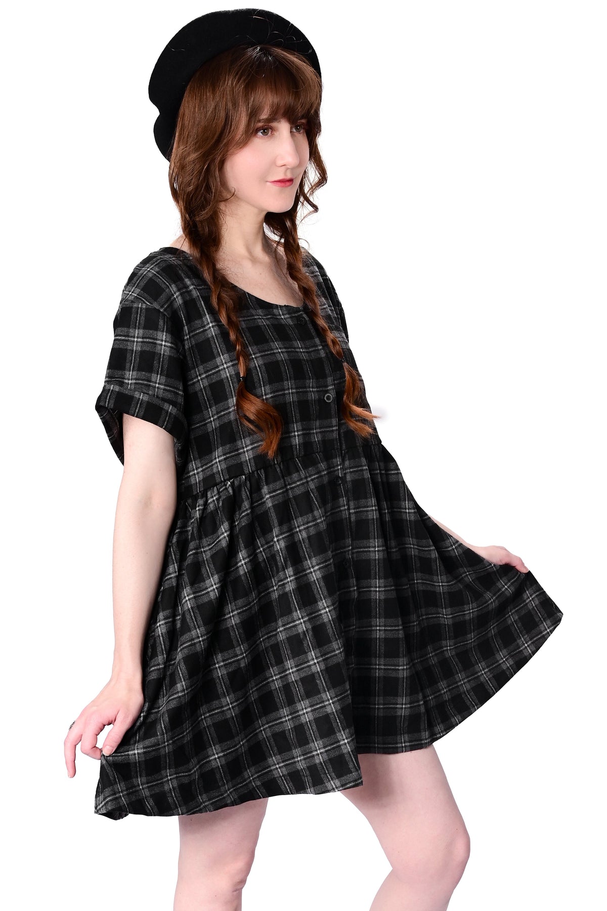 Women's black and grey checked babydoll mini dress with short sleeves and side pockets