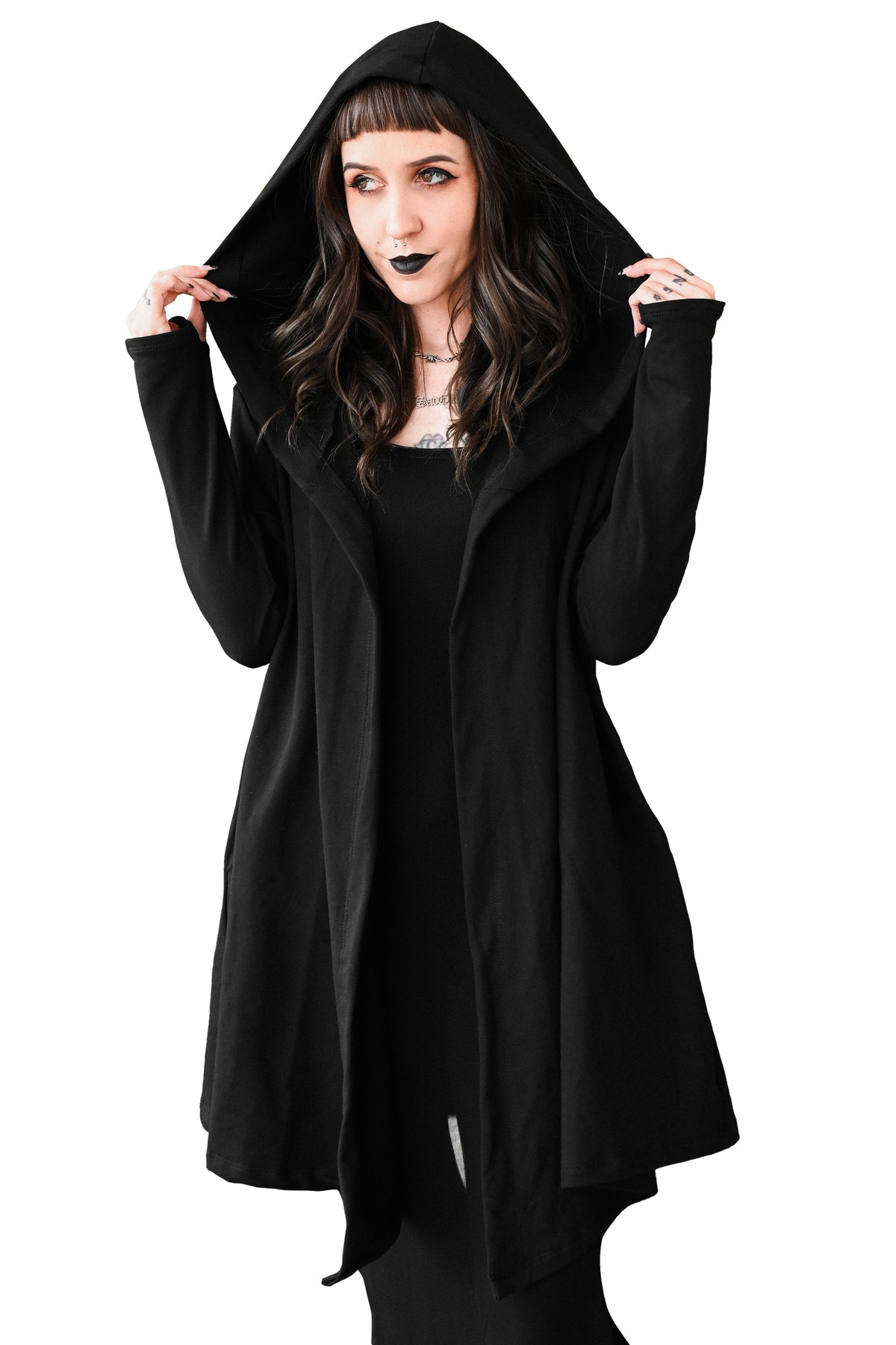 Women's black long sleeve hooded cardigan with an open front and long draped shape
