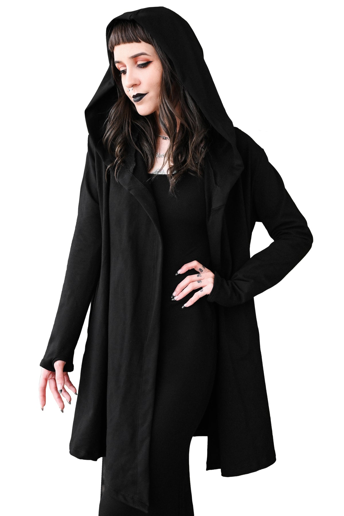 Women's black long sleeve hooded cardigan with an open front and long draped shape