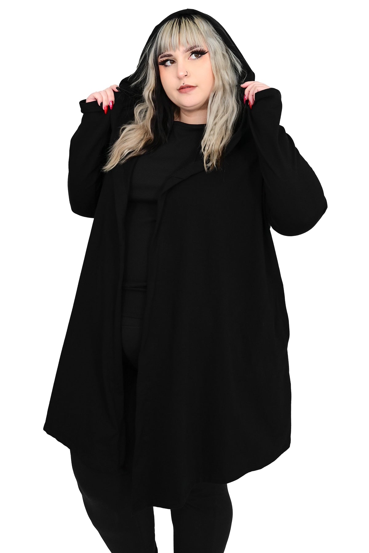 Women's black long sleeve hooded cardigan with an open front and long draped shape