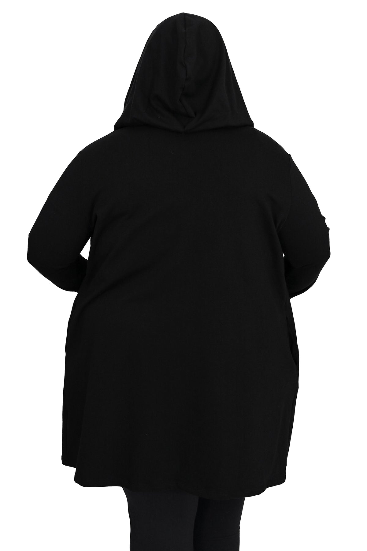 Women's black long sleeve hooded cardigan with an open front and long draped shape