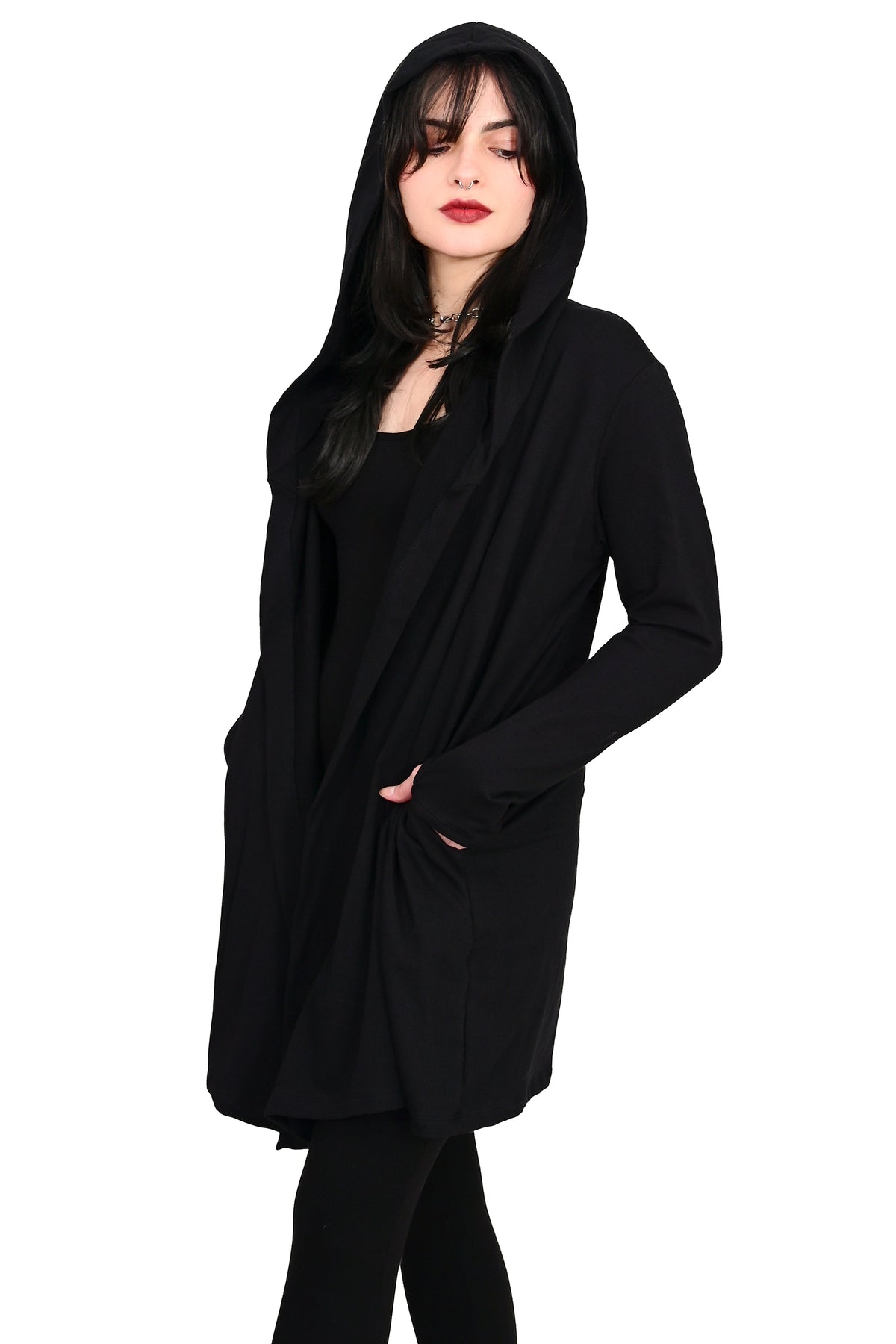 Women's black long sleeve hooded cardigan with an open front and long draped shape