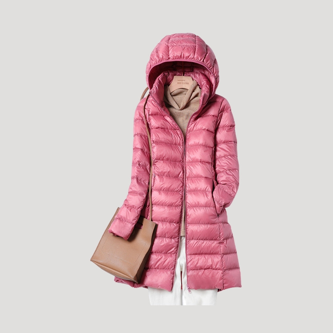 Women's long hooded quilted puffer coat with full zip and lower front pockets