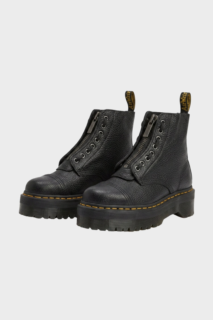 Black women's platform ankle boots with front zip, lace detail and lug soles