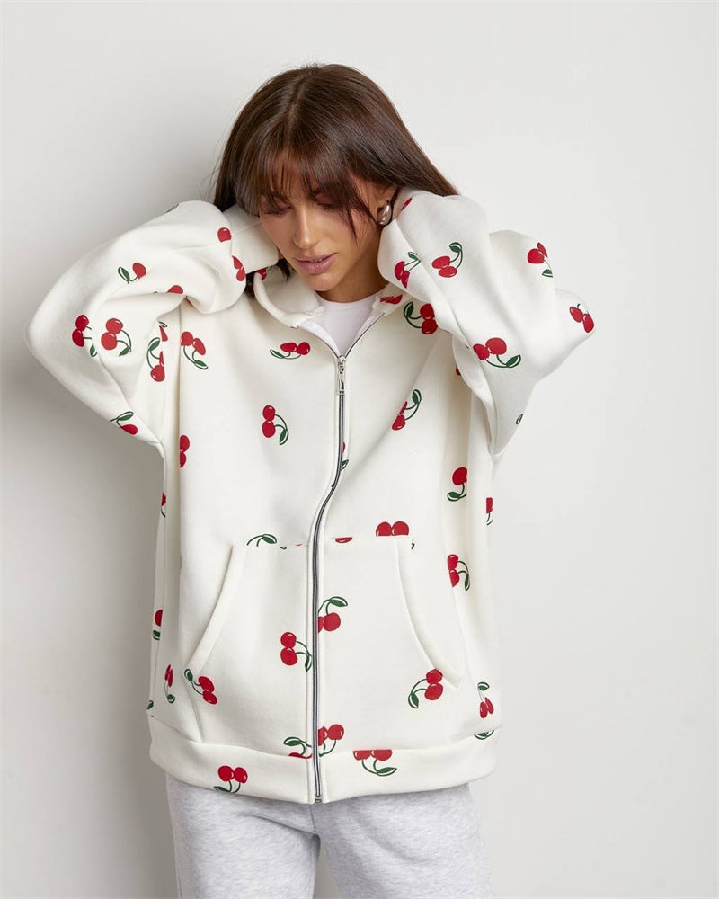 Women's hooded zip-up sweatshirt with cherry print and front pockets