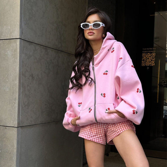 Women's hooded zip-up sweatshirt with cherry print and front pockets