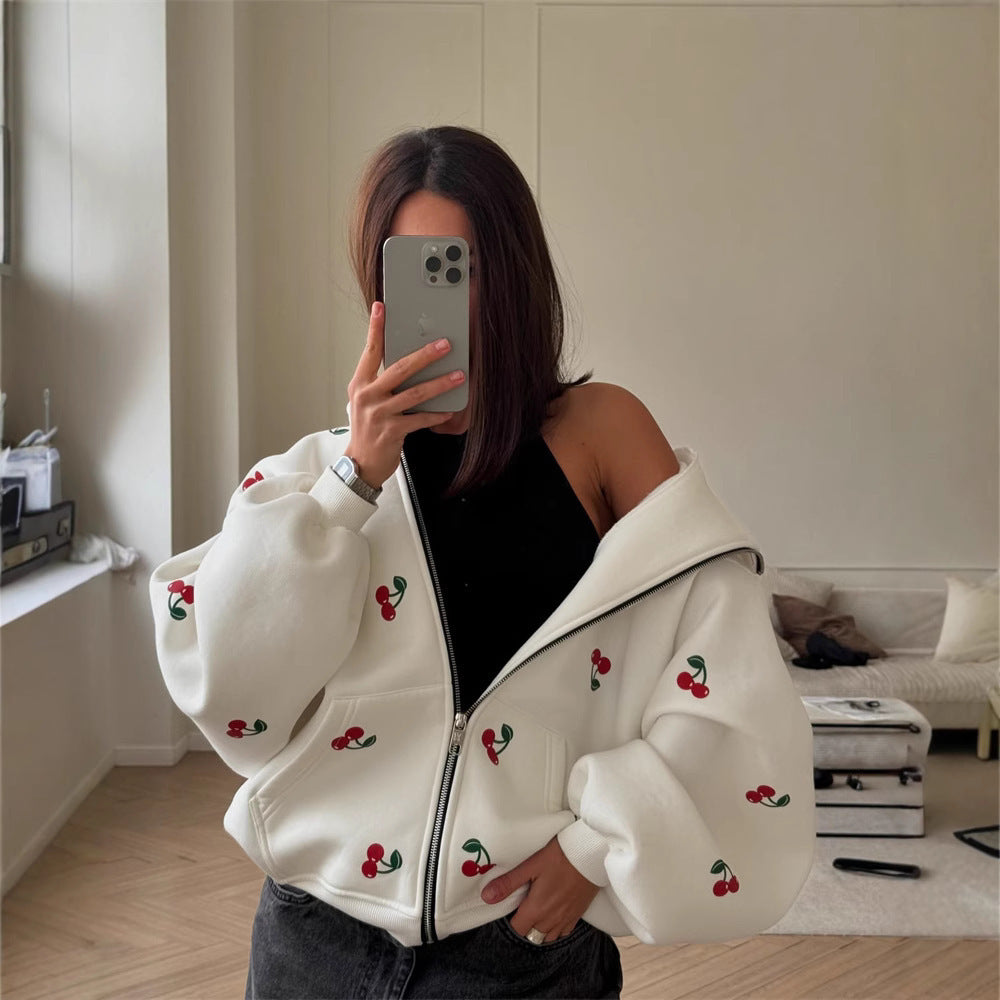 Women's hooded zip-up sweatshirt with cherry print and front pockets