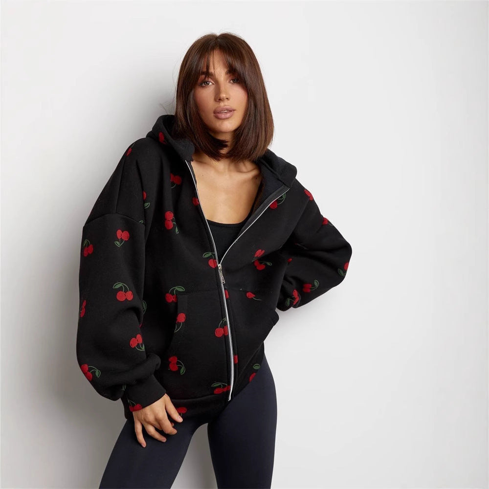 Women's hooded zip-up sweatshirt with cherry print and front pockets