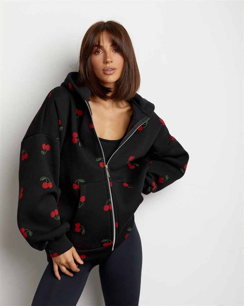 Women's hooded zip-up sweatshirt with cherry print and front pockets