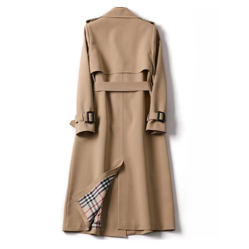 Women's long belted trench coat with notched collar, cuff straps and checked lining