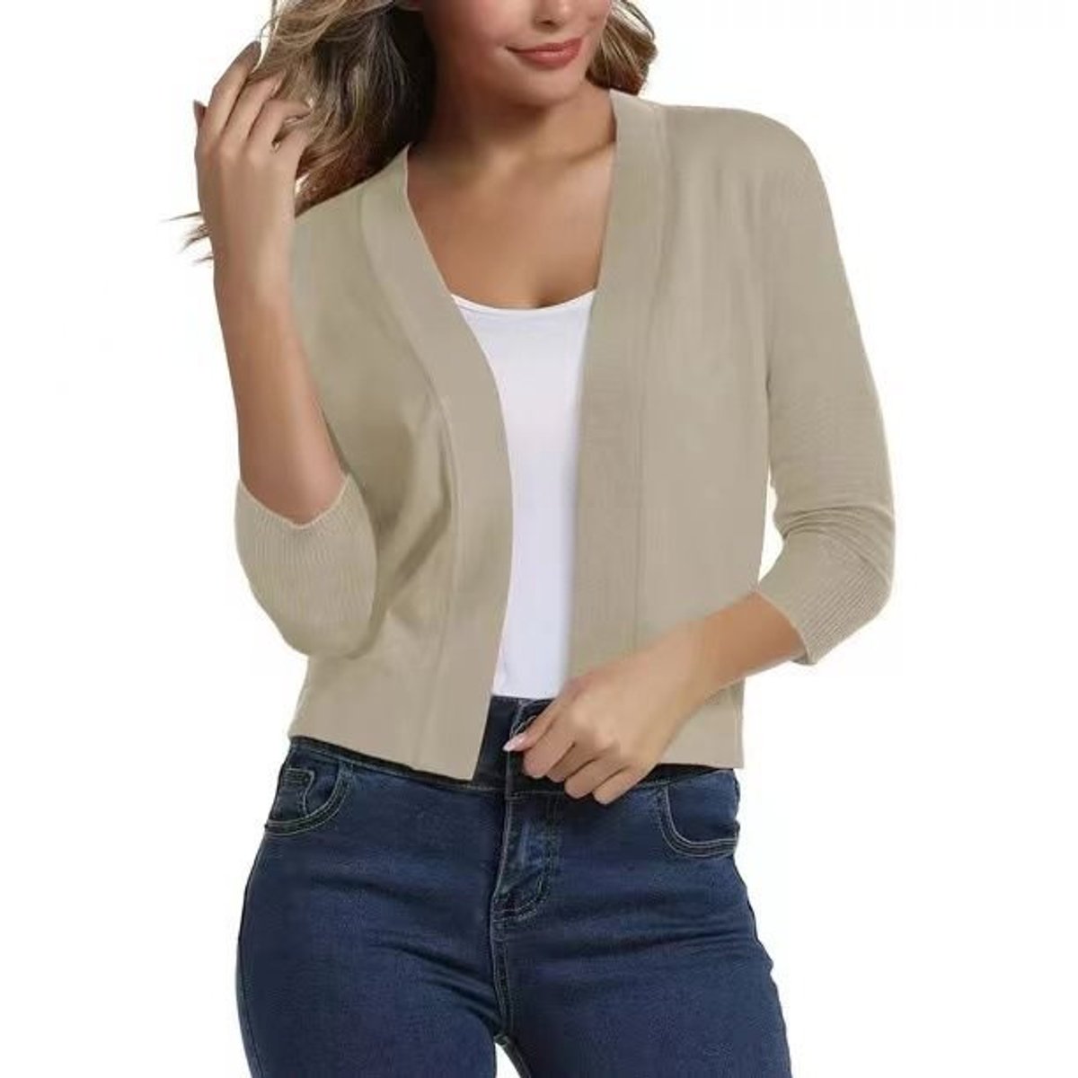 Women's cropped open front cardigan with three-quarter sleeves