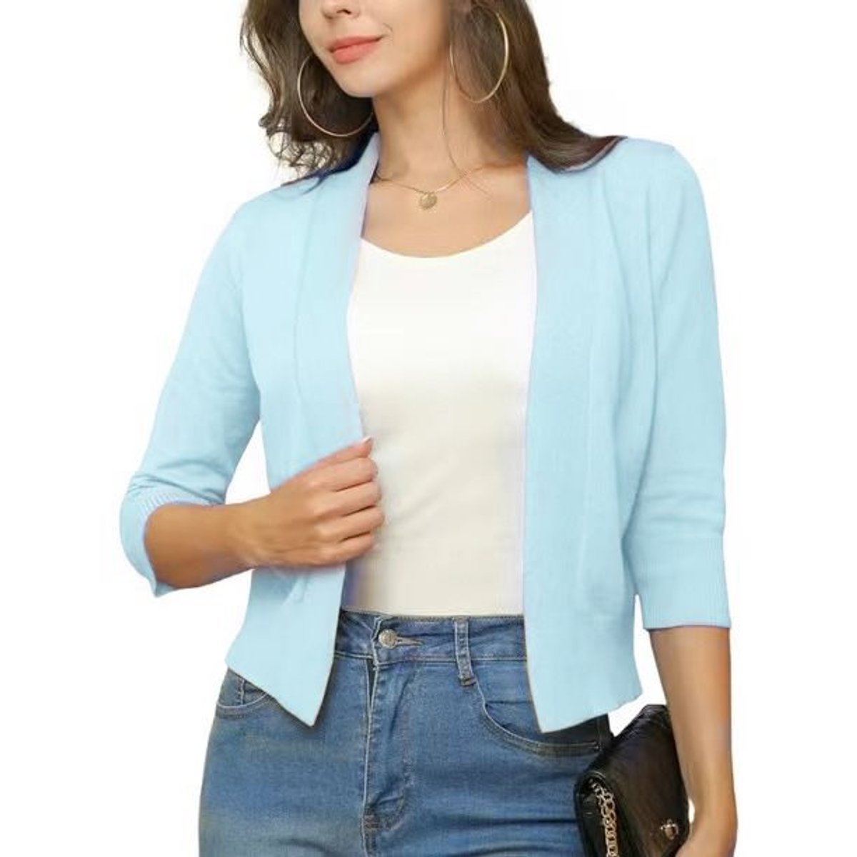 Women's cropped open front cardigan with three-quarter sleeves