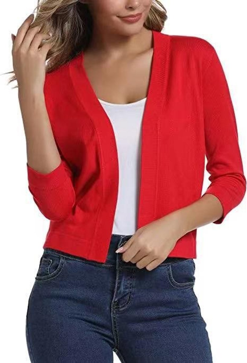 Women's cropped open front cardigan with three-quarter sleeves
