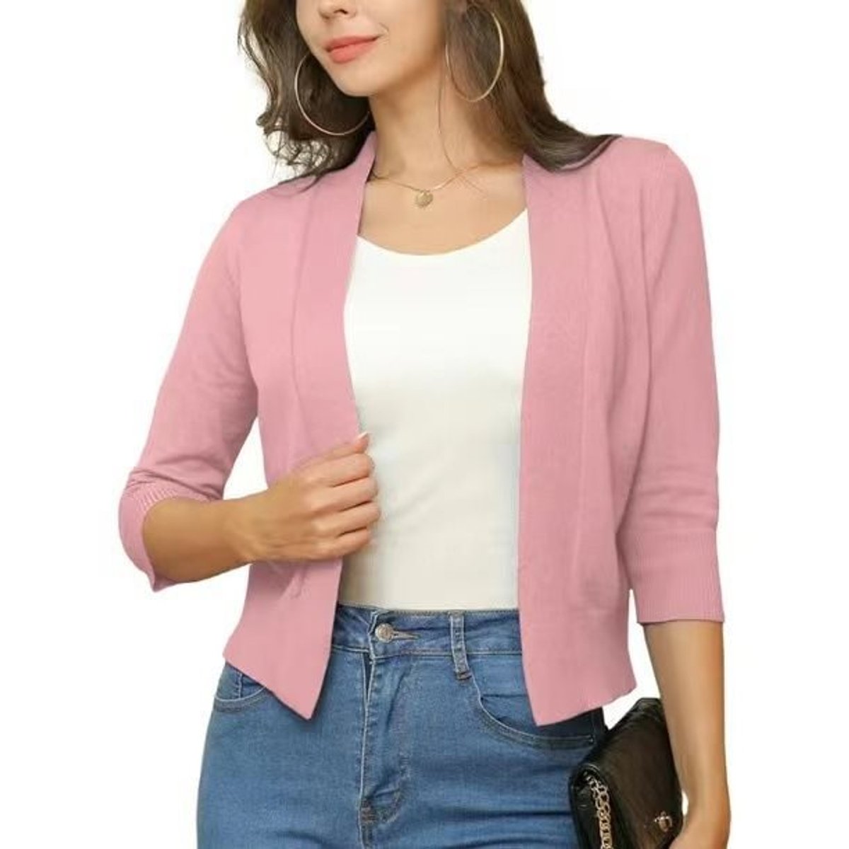 Women's cropped open front cardigan with three-quarter sleeves