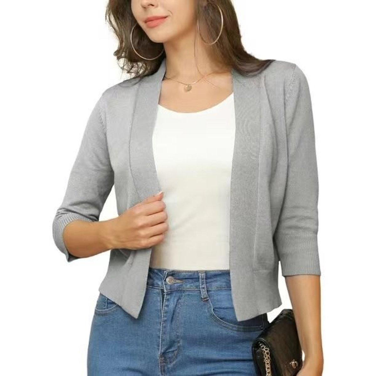 Women's cropped open front cardigan with three-quarter sleeves
