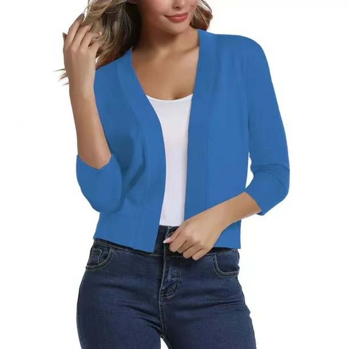 Women's cropped open front cardigan with three-quarter sleeves
