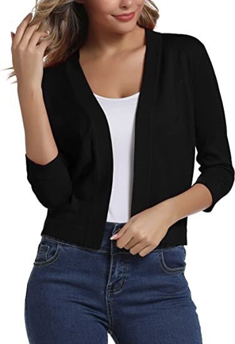 Women's cropped open front cardigan with three-quarter sleeves