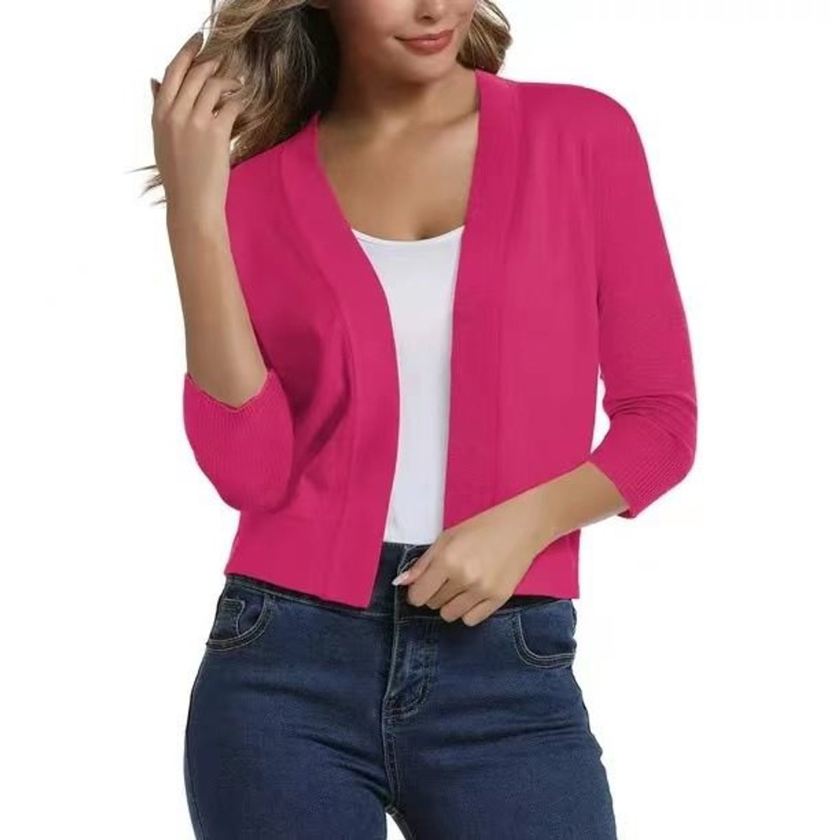Women's cropped open front cardigan with three-quarter sleeves