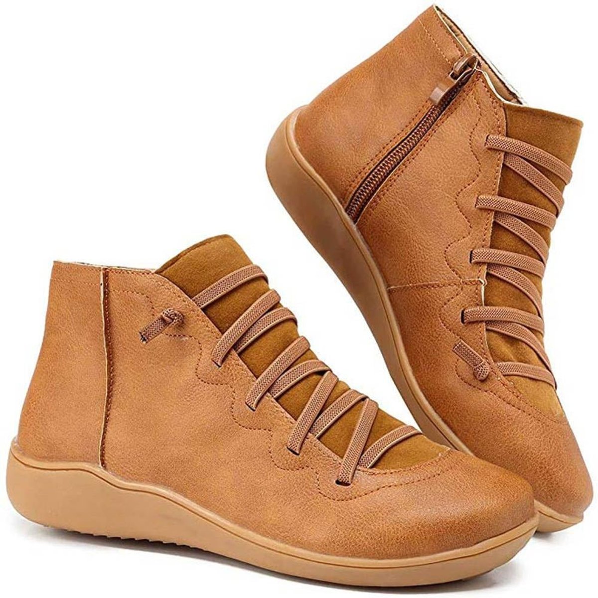 Women's plain lace-up ankle boots with side zips and flat soles
