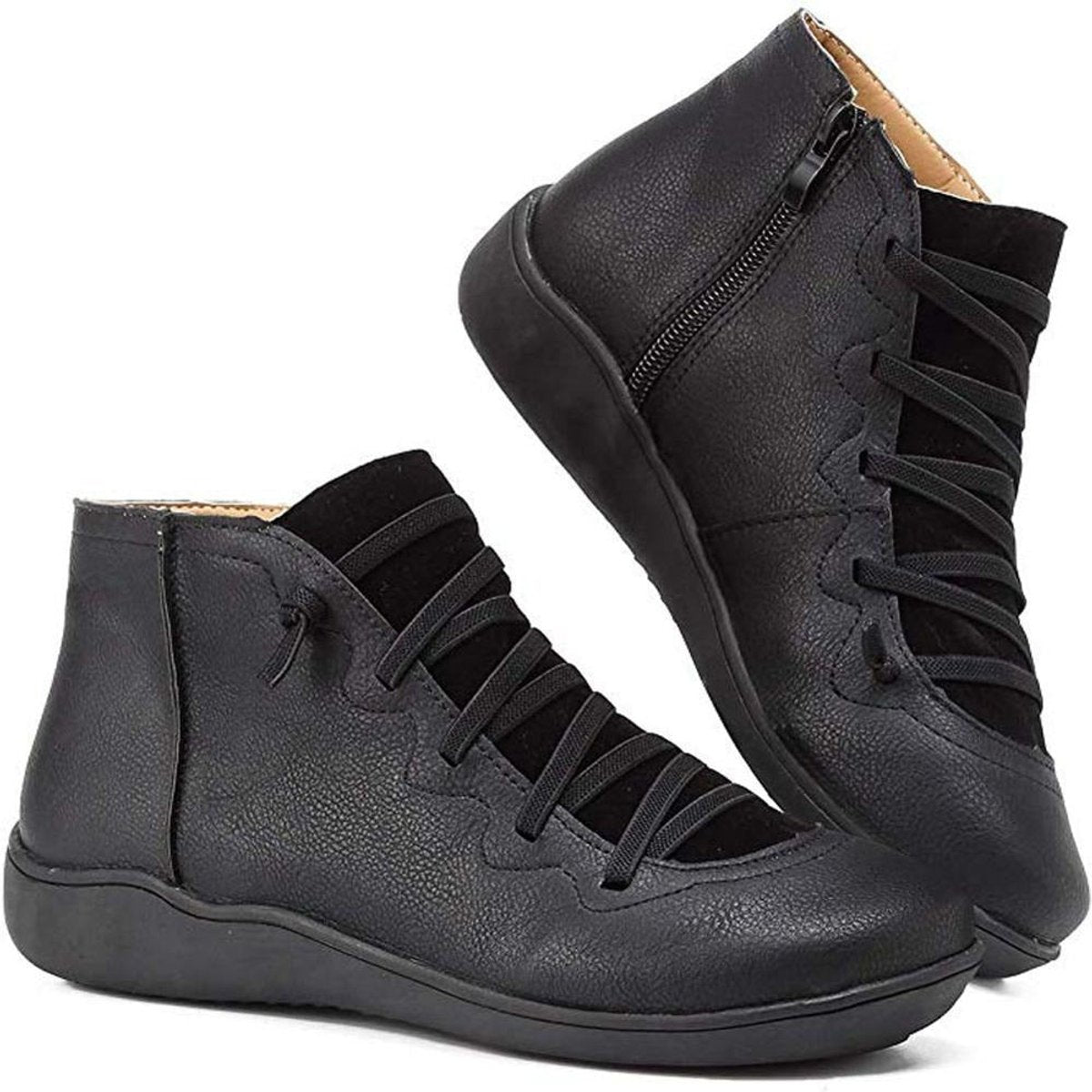 Women's plain lace-up ankle boots with side zips and flat soles