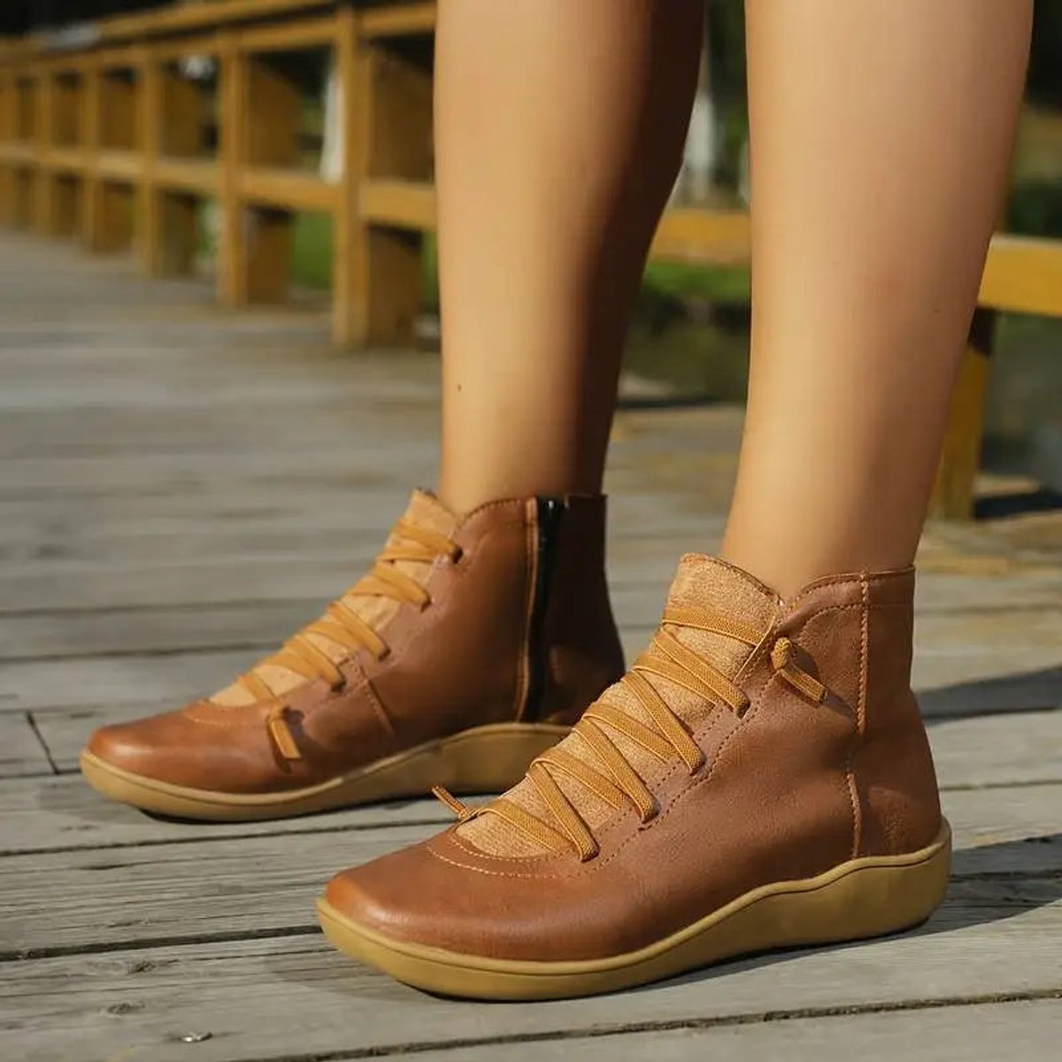 Women's plain lace-up ankle boots with side zips and flat soles