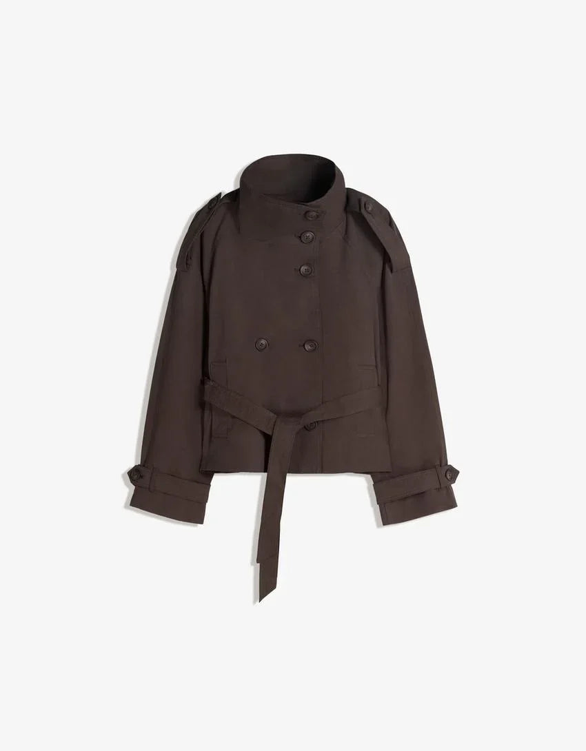 Women's short belted trench coat with high collar and long sleeves