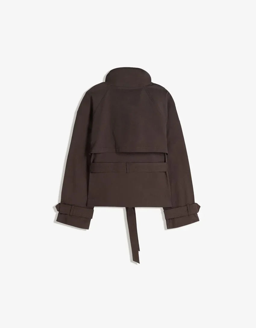 Women's short belted trench coat with high collar and long sleeves