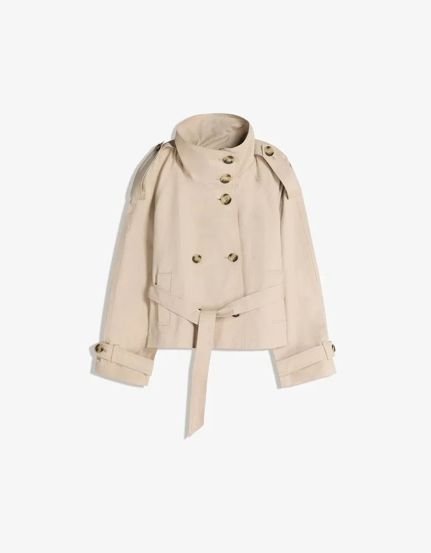 Women's short belted trench coat with high collar and long sleeves