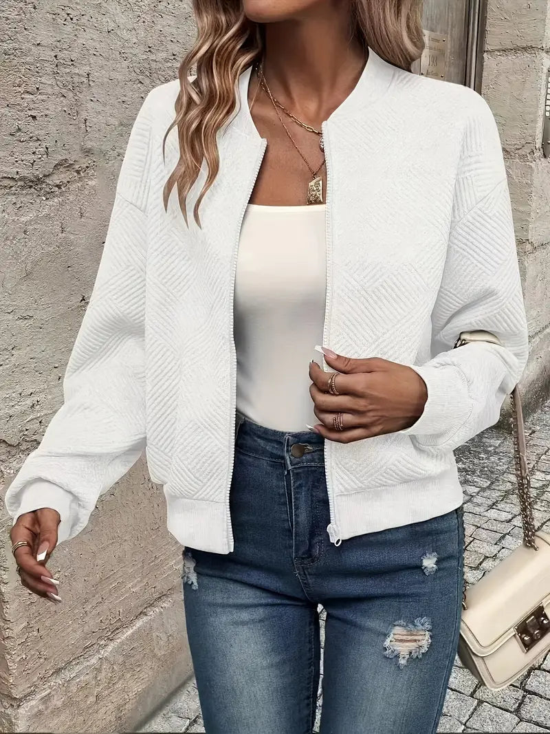 Women's textured zip jacket with mock collar and long sleeves