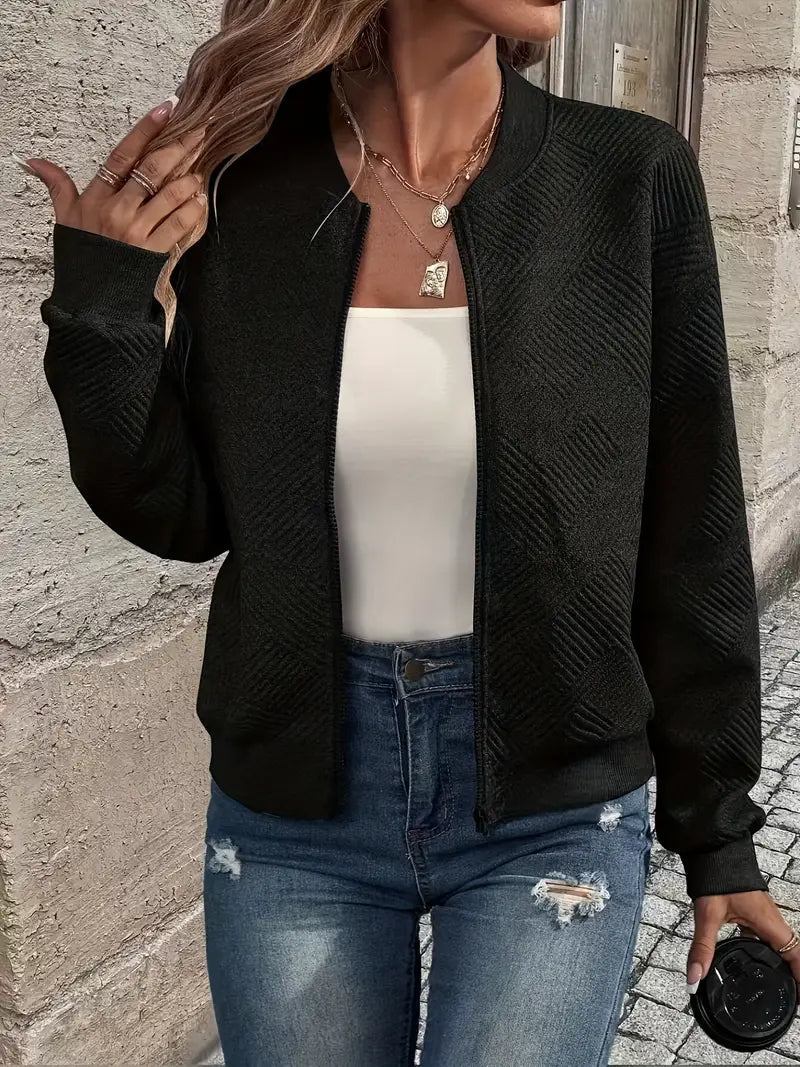 Women's textured zip jacket with mock collar and long sleeves