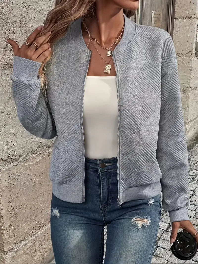Women's textured zip jacket with mock collar and long sleeves