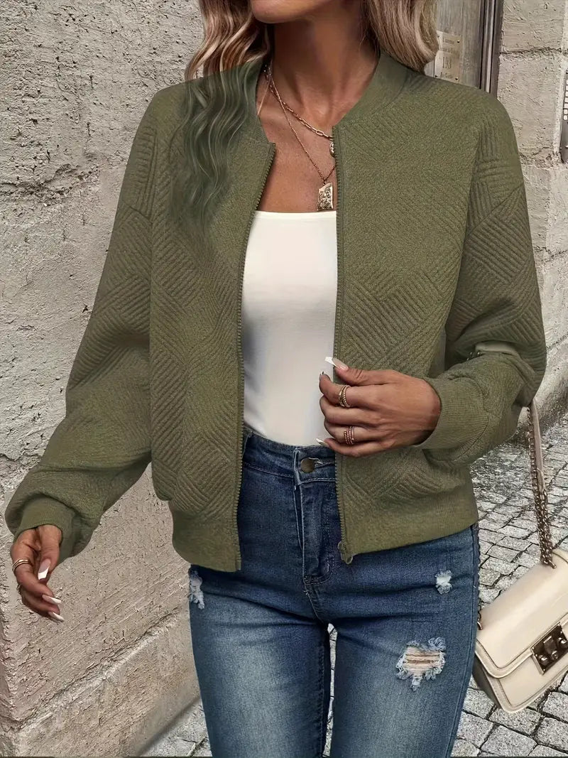 Women's textured zip jacket with mock collar and long sleeves