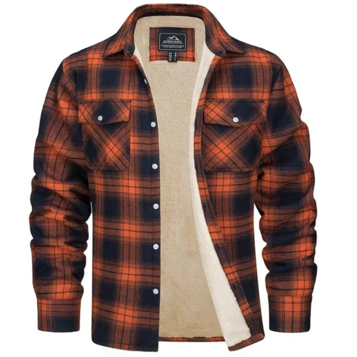 Men's checked button-front overshirt jacket with long sleeves, chest pockets and visible fleece lining