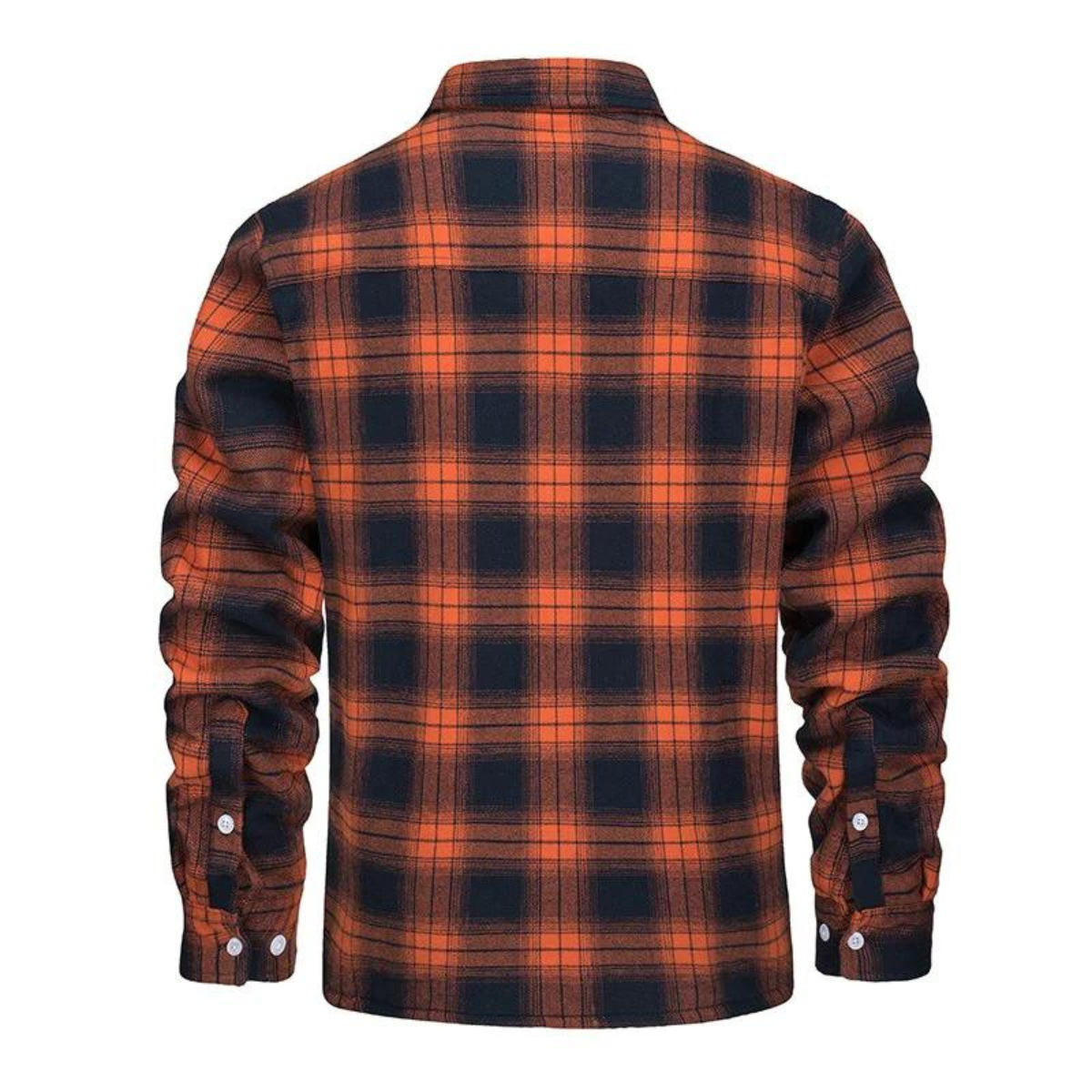 Men's checked button-front overshirt jacket with long sleeves, chest pockets and visible fleece lining