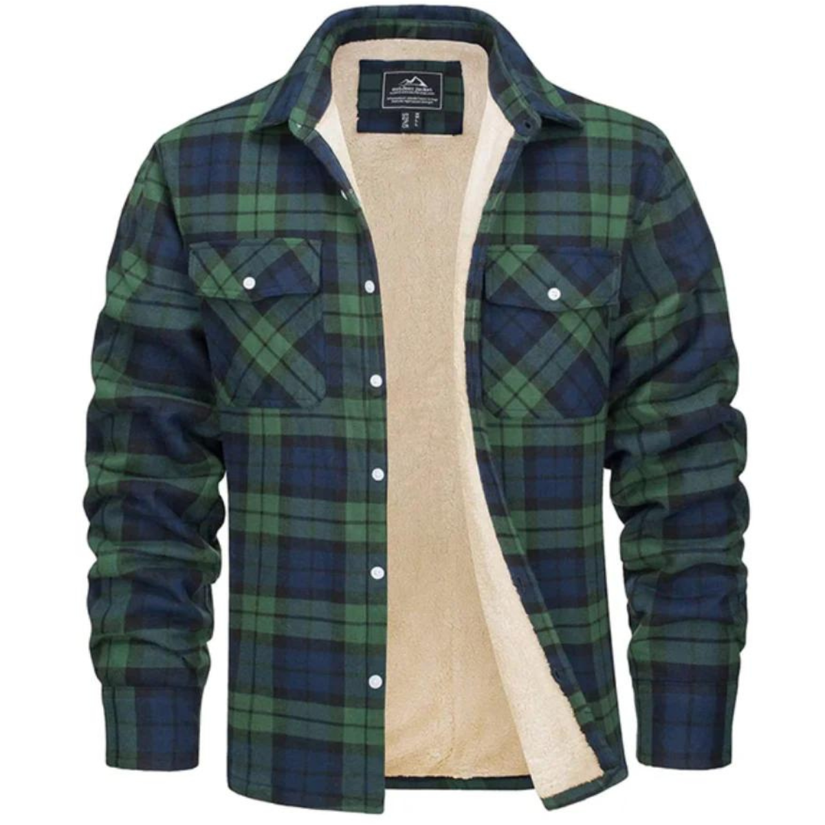 Men's checked button-front overshirt jacket with long sleeves, chest pockets and visible fleece lining