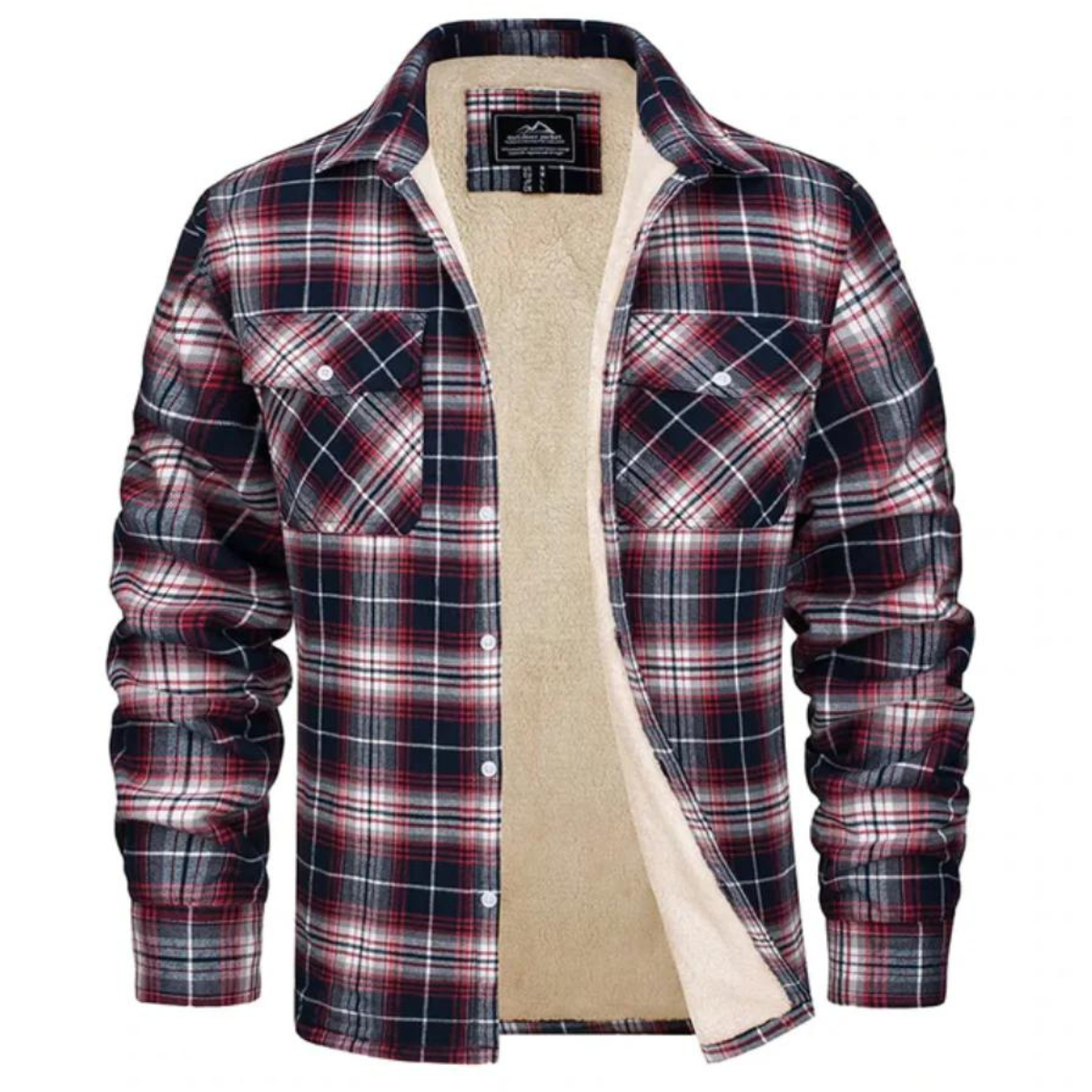 Men's checked button-front overshirt jacket with long sleeves, chest pockets and visible fleece lining