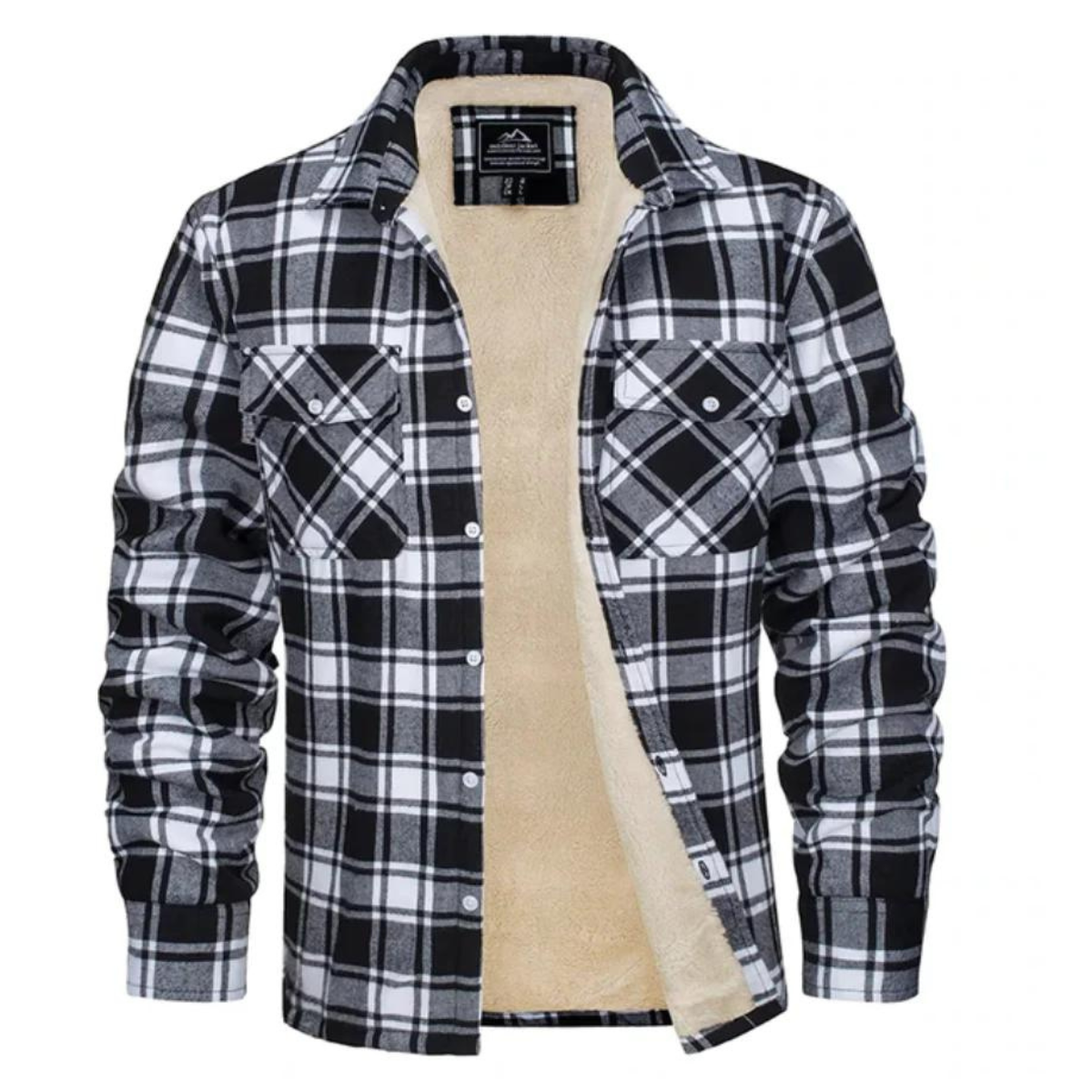 Men's checked button-front overshirt jacket with long sleeves, chest pockets and visible fleece lining