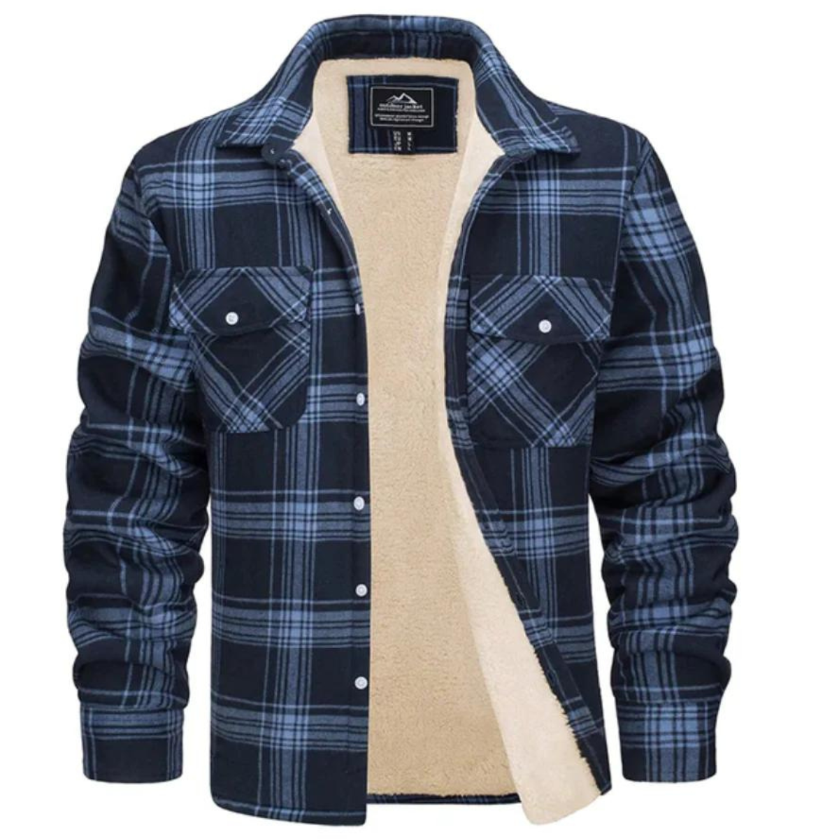 Men's checked button-front overshirt jacket with long sleeves, chest pockets and visible fleece lining