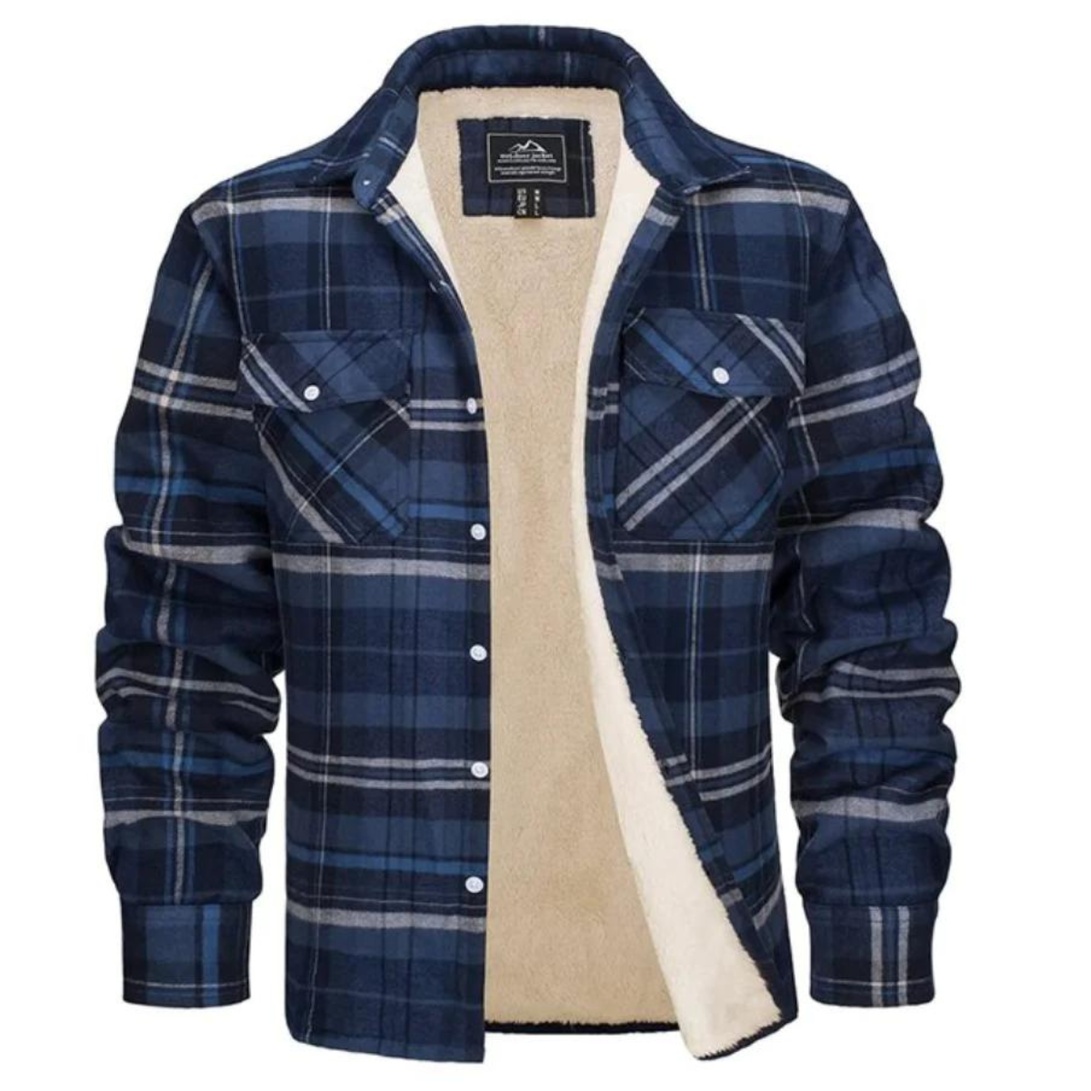 Men's checked button-front overshirt jacket with long sleeves, chest pockets and visible fleece lining