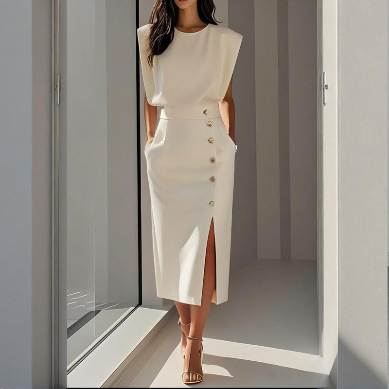 Women's Midi Dress Sleeveless Structured Shoulder Button Split - White
