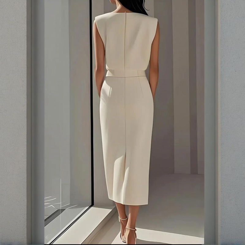 Women's Midi Dress Sleeveless Structured Shoulder Button Split - White