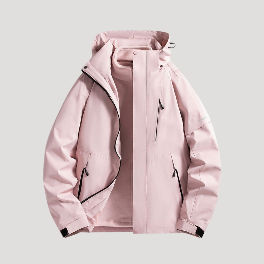 Women's hooded outdoor jacket with zip front and zipped pockets